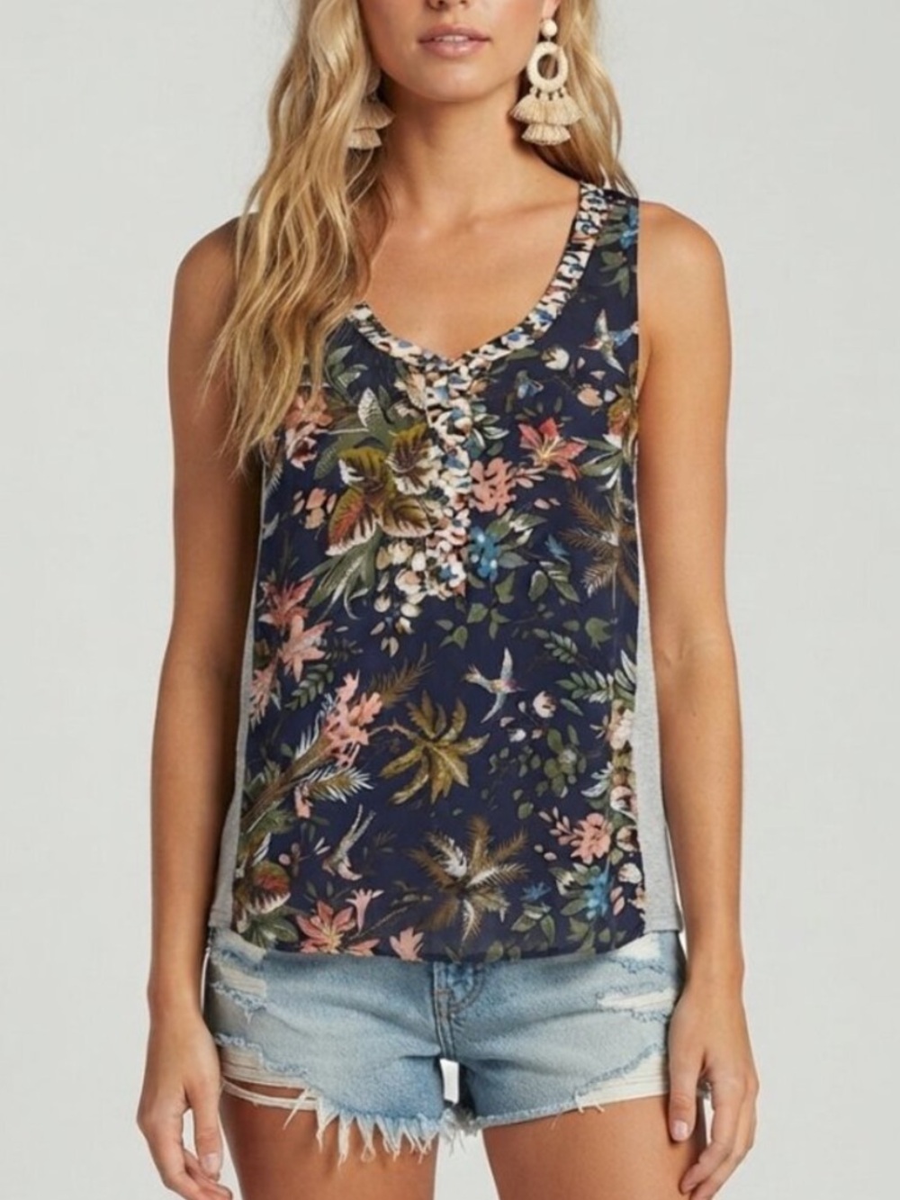 Tiny Anthropologie Zuma Navy Blue Gray Bird Floral Print Tank Top 39921